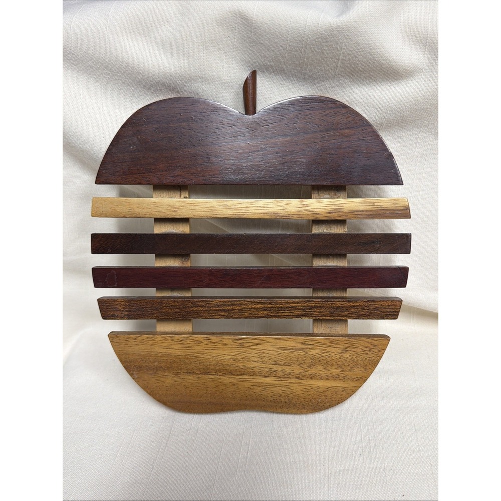 Apple Shaped Wooden Trivet With Multiple Brown Tone Wood Slats